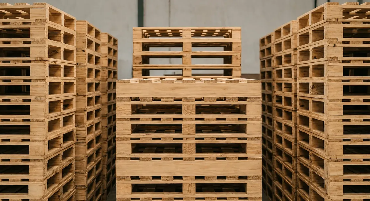 Stacks of ISPM-15 heat treated wooden pallets in the warehouse